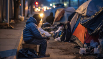 A city with tents and garbage. There are poor homeless people everywhere.