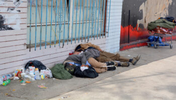SAN FRANCISCO CA USA 04 12 2015: Homeless has one of the Golden State most intractable problems. In San Francisco words like crisis and epidemic often describe the vast number of people on the street.