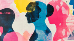 A vintage risograph zine page featuring abstract human silhouettes, rough ink textures, and high contrast color combinations.