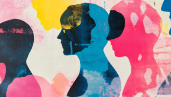 A vintage risograph zine page featuring abstract human silhouettes, rough ink textures, and high contrast color combinations.