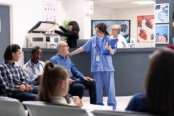People sit in the waiting room for a medical clinic. Learn more about how to get into rehab, wait times, and more, here.